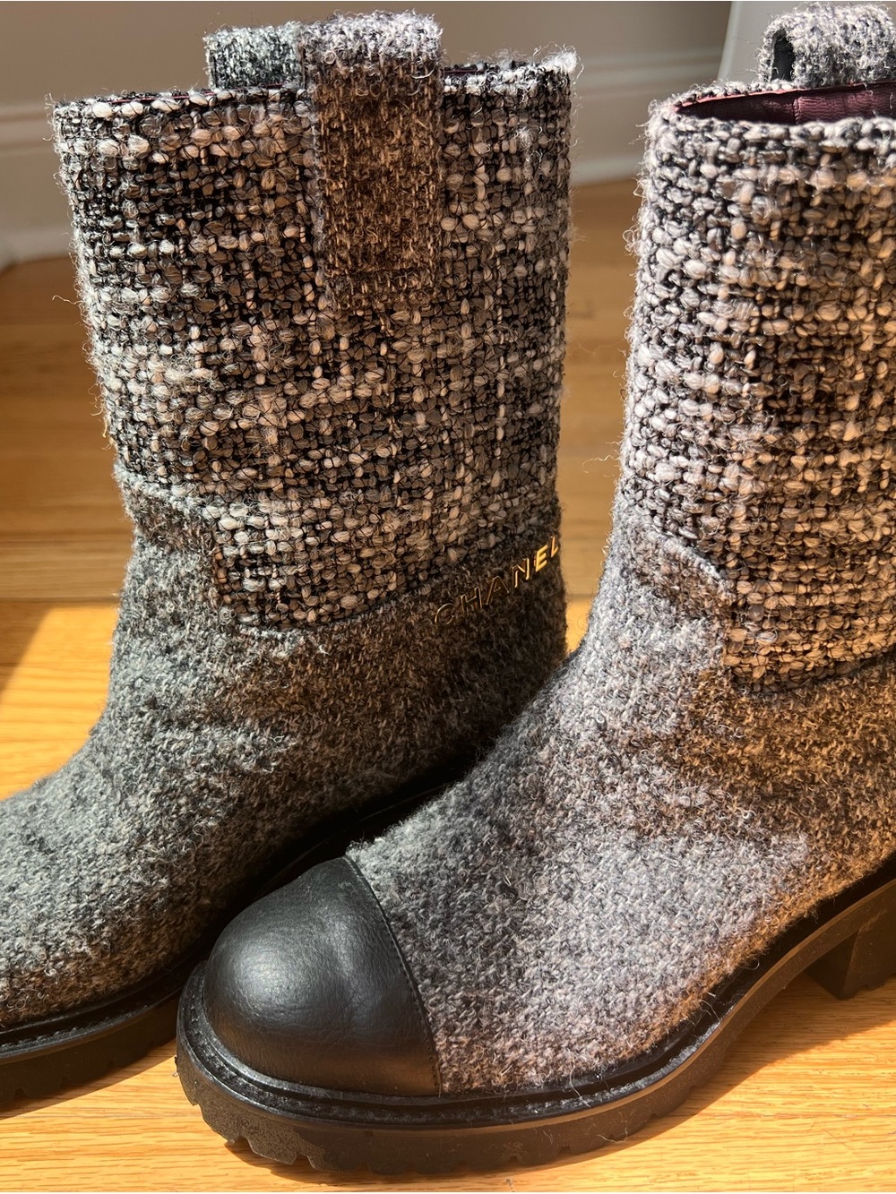 CHANEL Gray Tweed & Black Leather Cap-Toe Women's Ankle Boots
